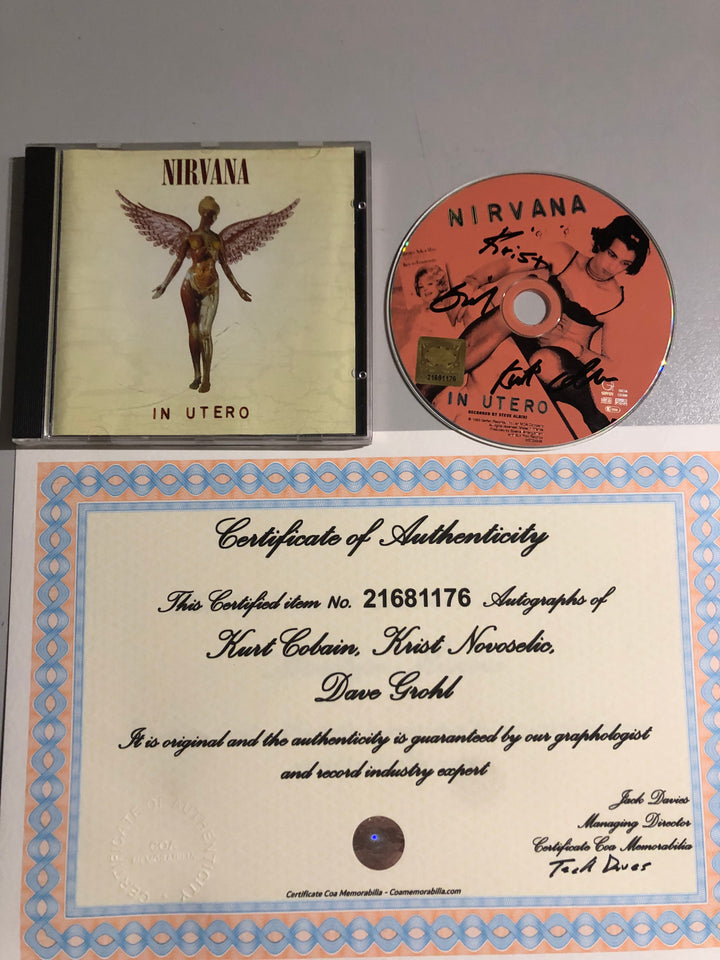 Nirvana - "In Utero" CD (1993) - Autografato da Kurt Cobain, Dave Grohl e Krist Novoselic + COA