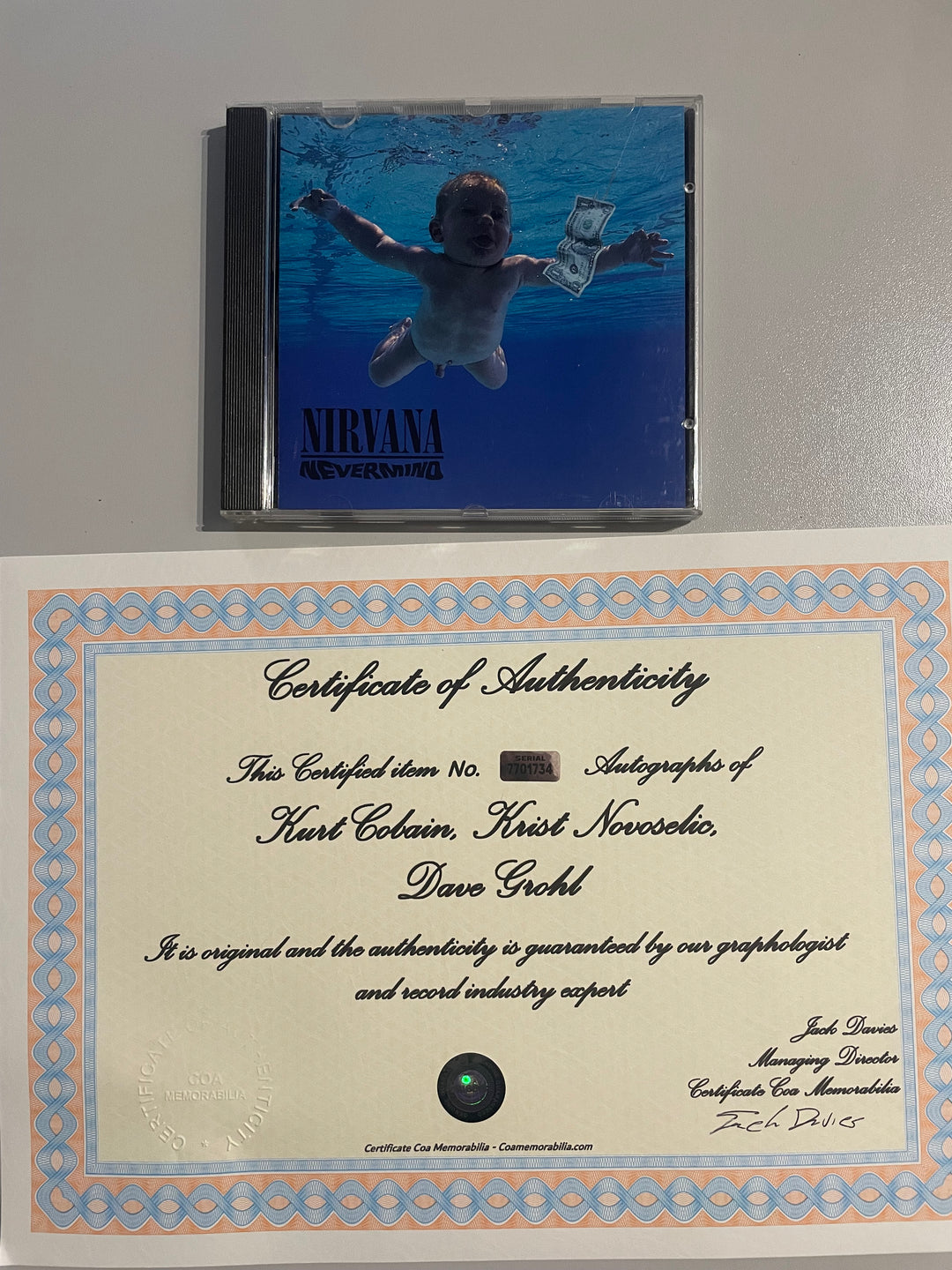 Nirvana - "Nevermind" CD 1991 - Autographed by Kurt Cobain, Dave Grohl, and Krist Novoselic + COA