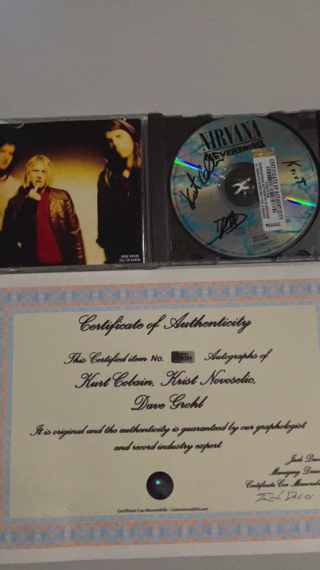 Nirvana - "Nevermind" CD 1991 - Autographed by Kurt Cobain, Dave Grohl, and Krist Novoselic + COA